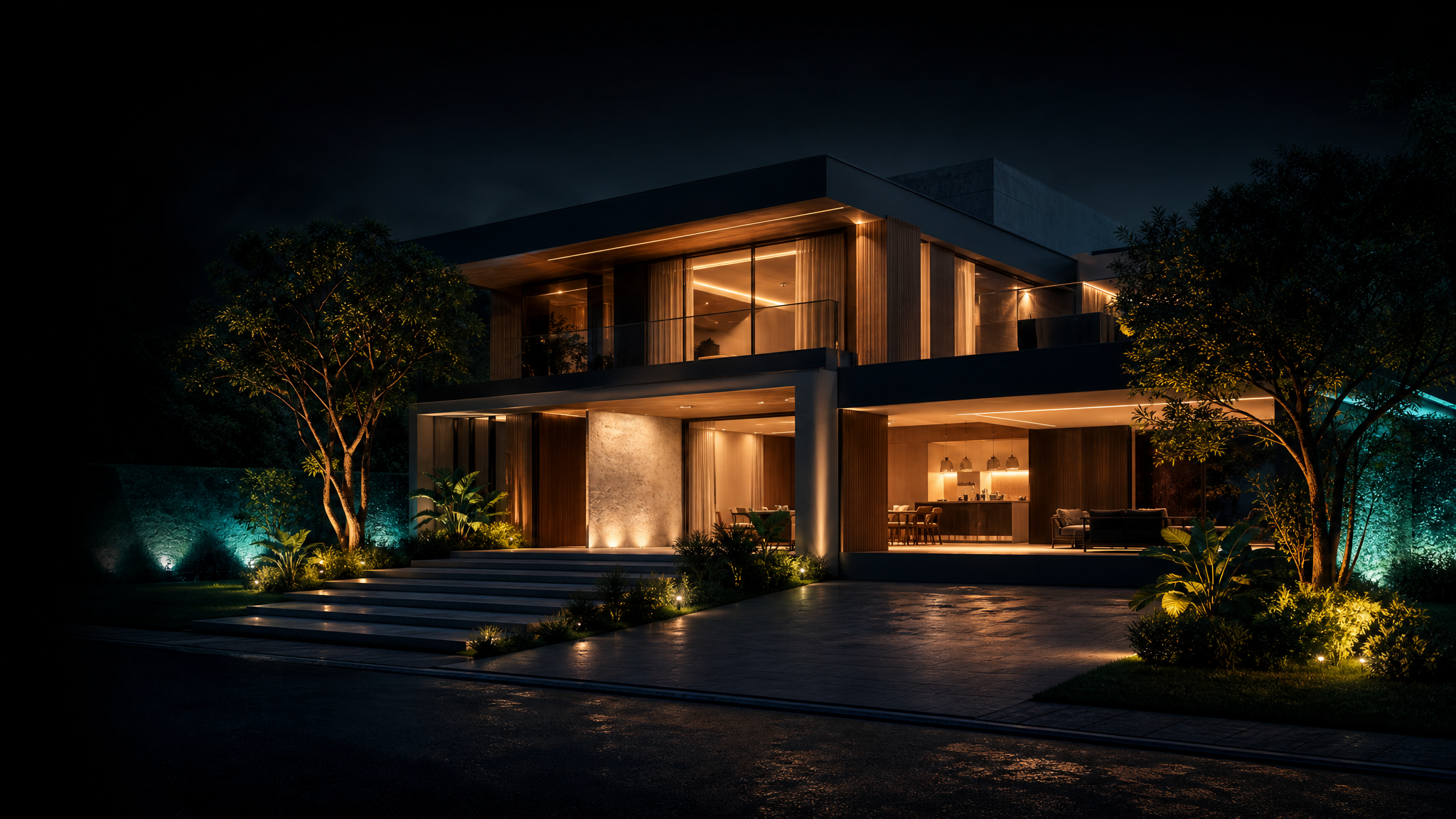 Casa moderna ao entardecer, com iluminação quente e atmosfera segura